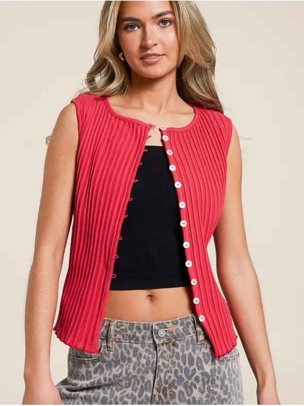 Sleeveless Ribbed Button-Front Tank - Picture 2 of 6